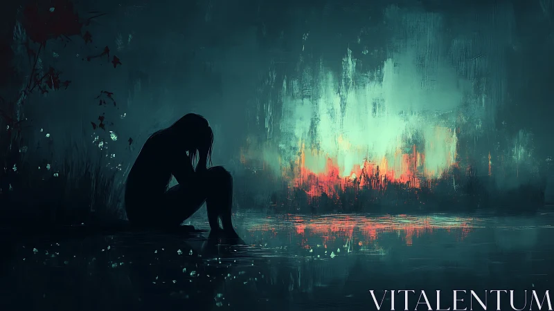 Silhouetted figure studies burning horizon across still water