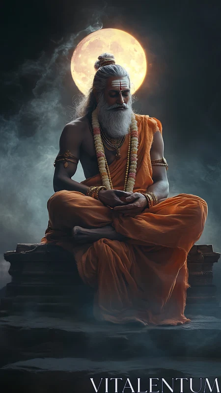 Digital render shows seated ascetic figure before full moon