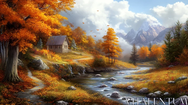 Golden autumn cabin beside a mountain stream under clouds.