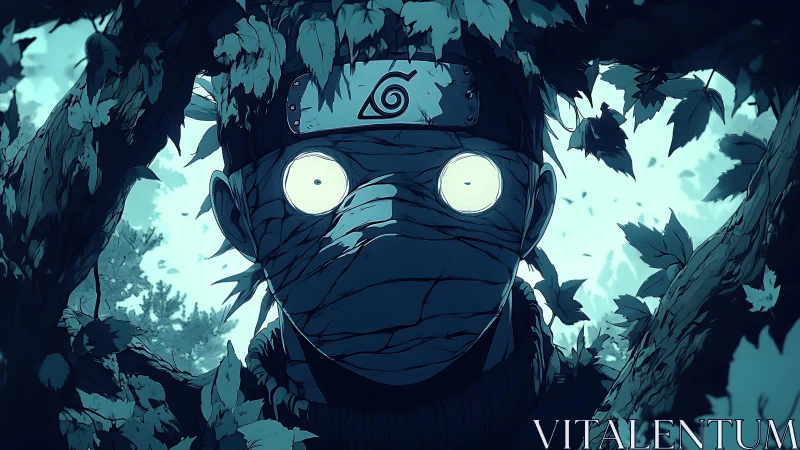 Leaf-shrouded ninja with glowing eyes in eerie moonlit woods.