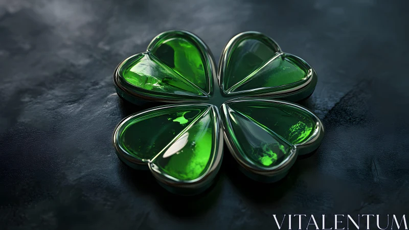 Shiny Glass Four-Leaf Clover on Dark Background, Modern Digital Art.