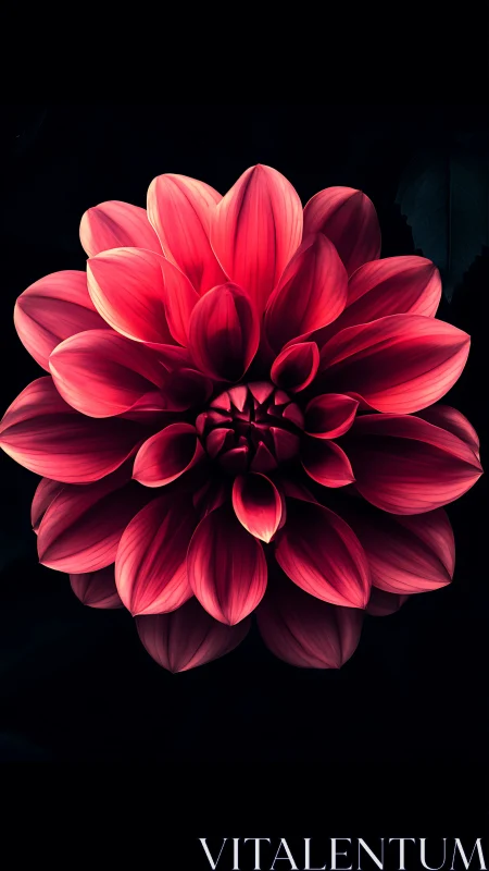 Red Dahlia with Layered Petals Against Black Background.