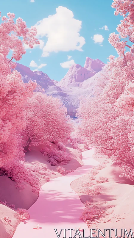Pastel pink valley path under bright cyan sky.