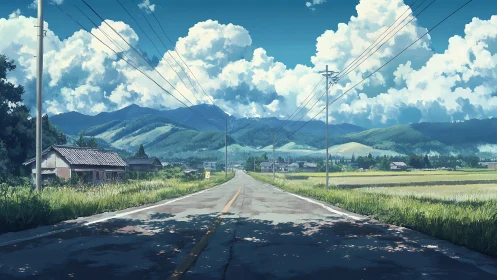 Sunny country road leading toward soft blue summer mountains.