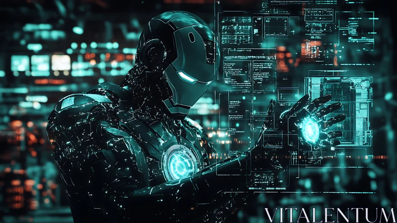 Cybernetic exosuit operator interfacing holographic control grid.