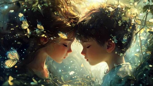 Bilateral Profile Portraiture with Bioluminescent Flora and Lepidoptera Integration