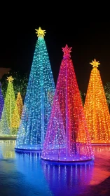 Multicolor conical LED light trees reflected on night water