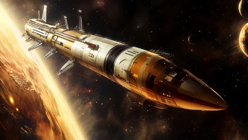 Cylindrical starship glides past gas giant in high-detail render