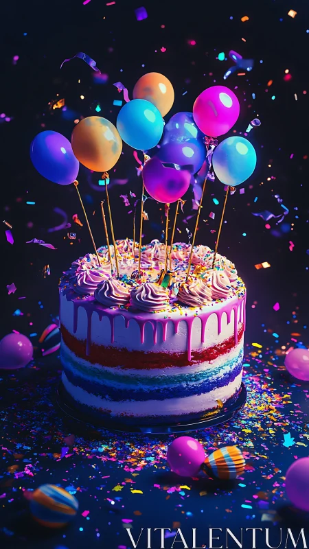 Vibrant Neon Birthday Cake with Glowing Balloons.
