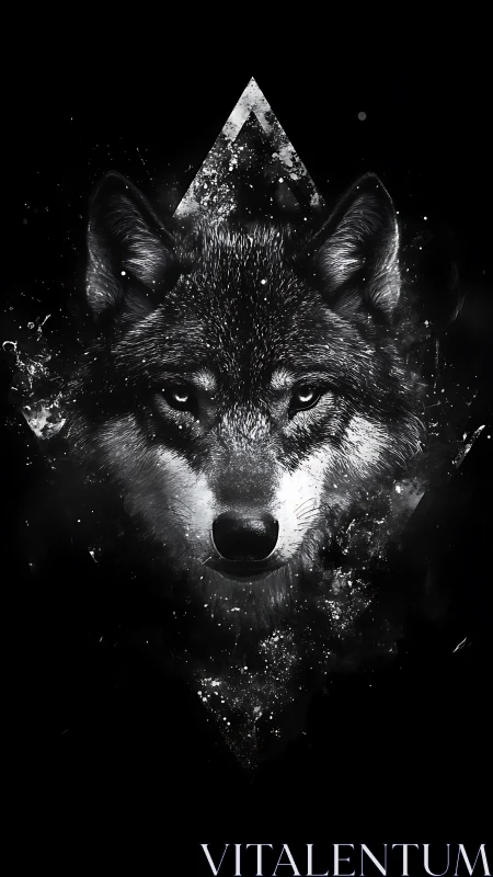 Monochrome wolf portrait within abstract triangular frame.