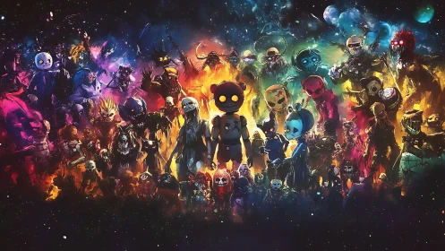 Multicolored cosmic lineup of stylized masked characters in nebula