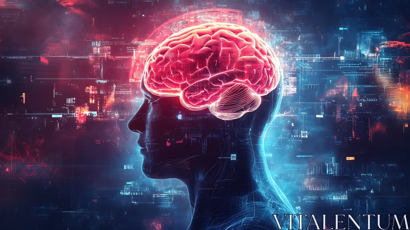 Glowing human brain silhouette merges with futuristic data grid.