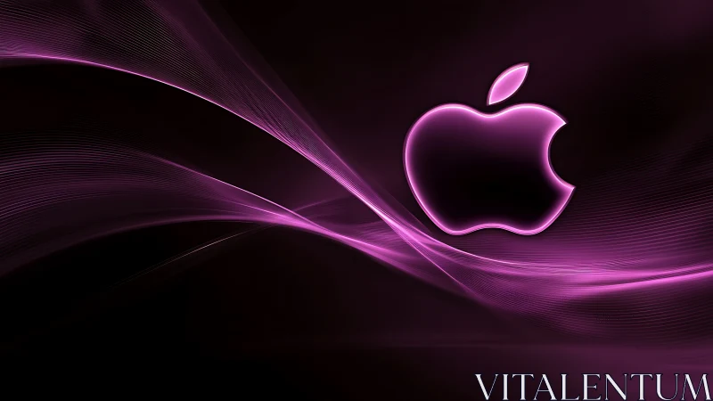 Glowing pink apple emblem over flowing neon light waves.