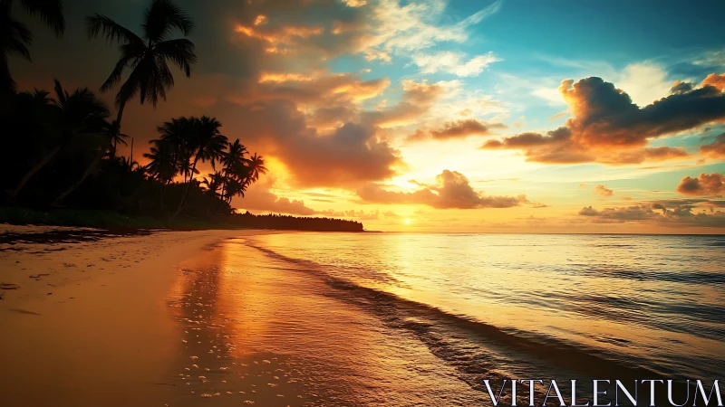 Tropical shoreline with palm silhouettes at low sun angle.