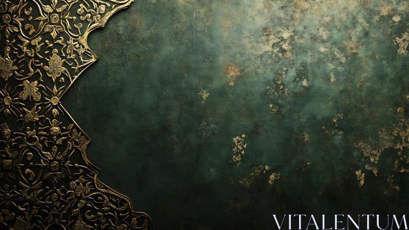 Ornate gilded arabesque border contrasts with aged teal wall