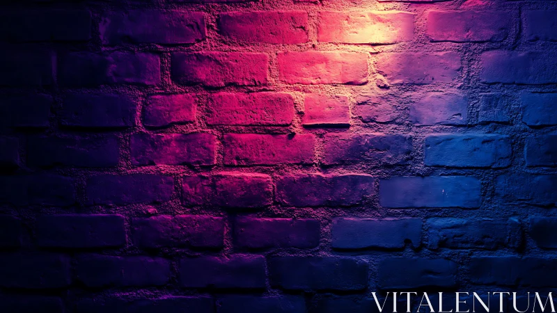 Neon magenta and cyan light washing textured brick wall.