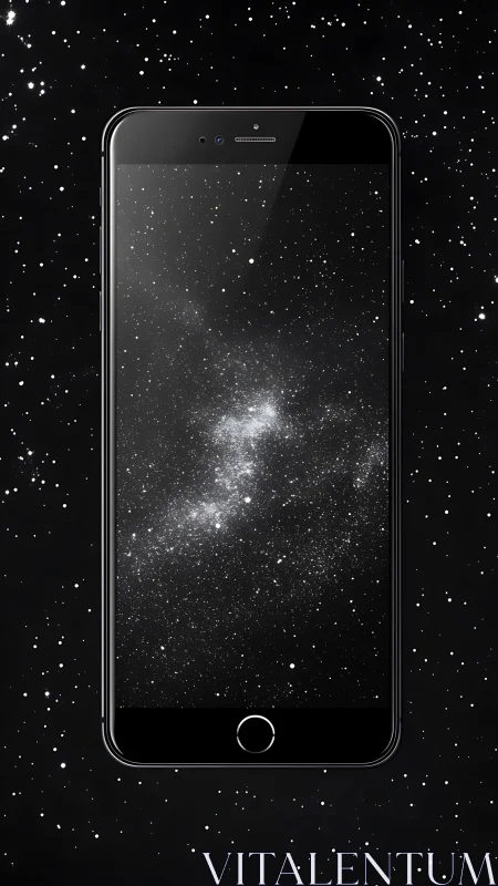 Photorealistic smartphone against seamless cosmic starfield backdrop.
