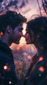 Romantic Couple at Dusk with Magical Light Elements.