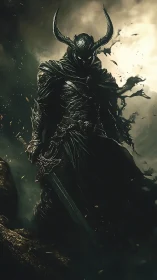 Shadowed dark knight standing guard in swirling mist.