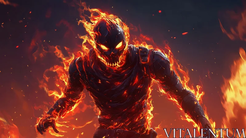 Flaming skeletal warrior strides through molten inferno.