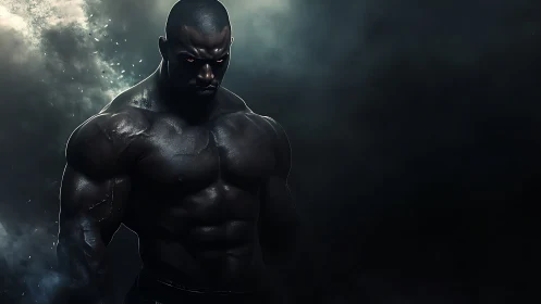 Muscular male figure in dark atmospheric digital render.