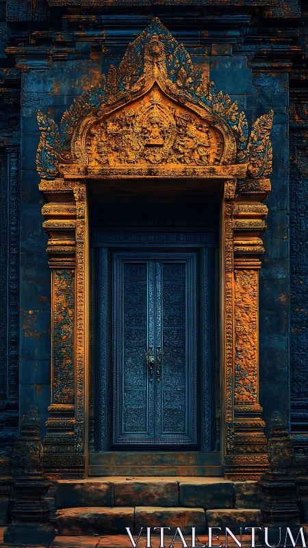 Golden-lit ornate temple doorway with intricate carvings.