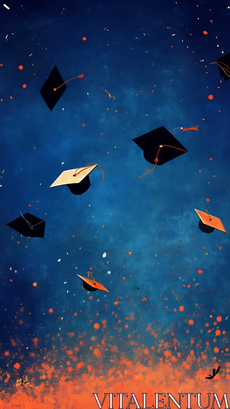 Graduation caps soar across vibrant blue and orange sky.