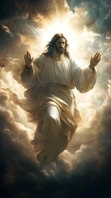 Radiant Christ figure rises through storm-laced celestial light