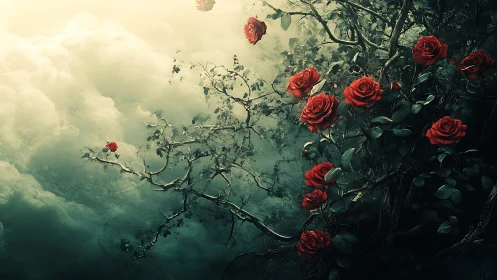 Enchanted Roses Bloom in Mystical Misty Twilight Skies
