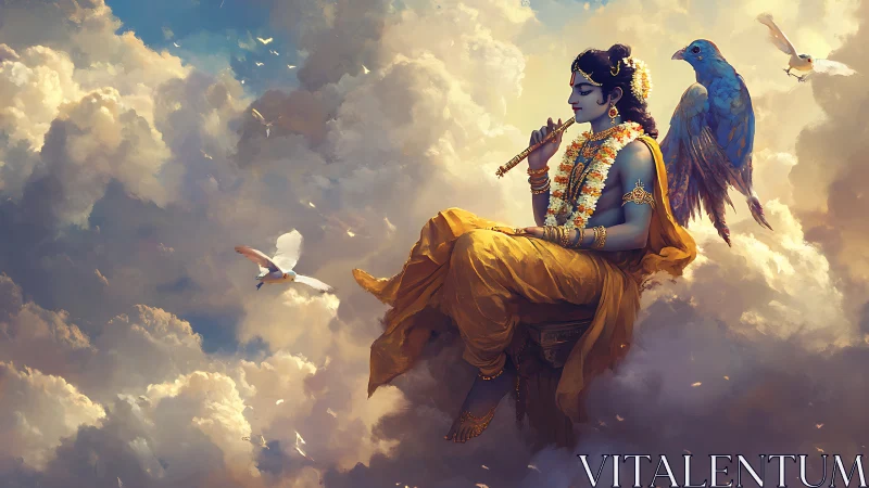 Divine flute player floats in radiant, dreamlike clouds