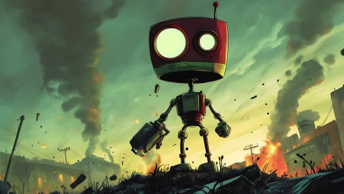 Tiny red warbot strolls through smoky neon apocalypse calmly.