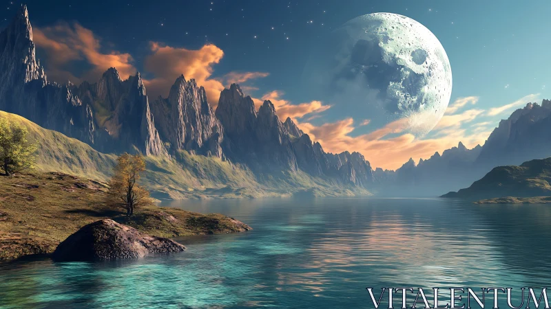 Luminous exoplanetary lake under oversized cratered moonscape.