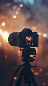 Professional Camera on Tripod at Dusk with Bokeh Lights.