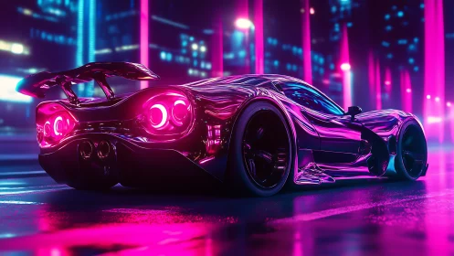 Neon‑lit hypercar rendered with high‑gloss reflections and bokeh city lights