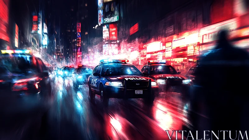 Police cars moving through neon lit rainy city street.