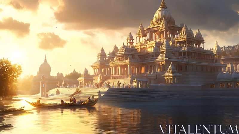 Riverside temple complex at sunset with stepped embankments.