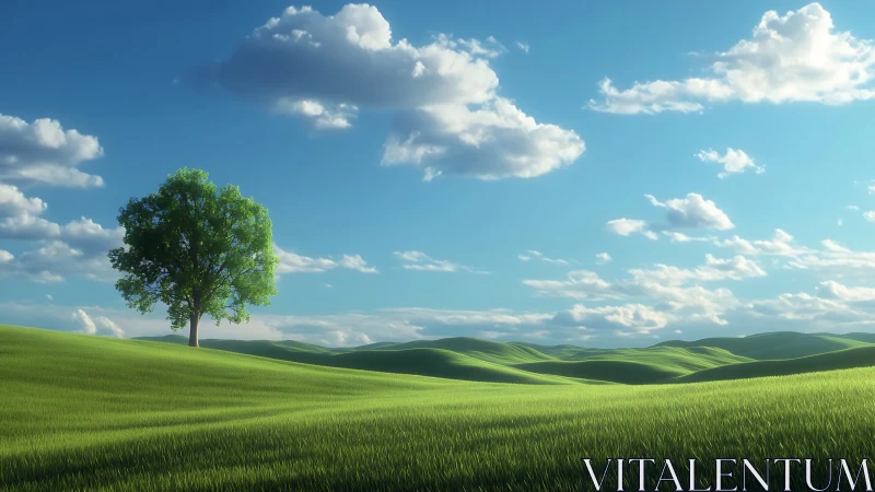 Lone green tree on rolling grassy hills under blue sky.