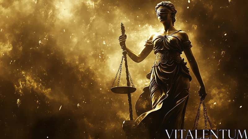 Blindfolded Lady Justice statue with golden glowing backdrop.
