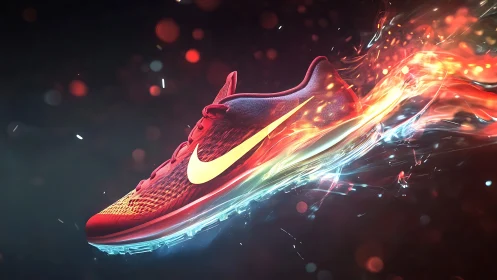 Red running shoe streaks through glowing energy trails