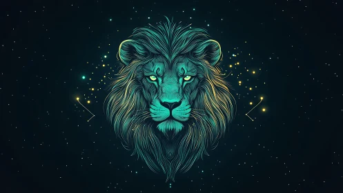 Cosmic mane curls as a neon lion quietly patrols starlight
