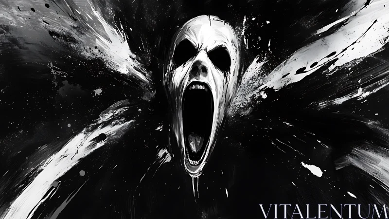 Monochrome voidwail: screaming specter in ink explosion.