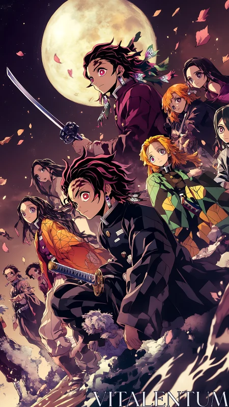 Moonlit anime heroes stride forward through swirling petals.