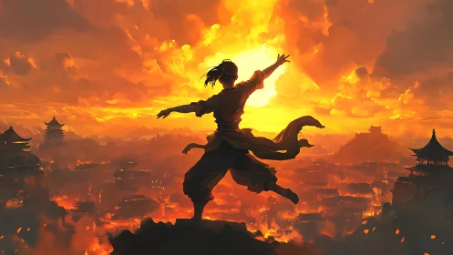 Silhouetted figure stands before burning city at sunset