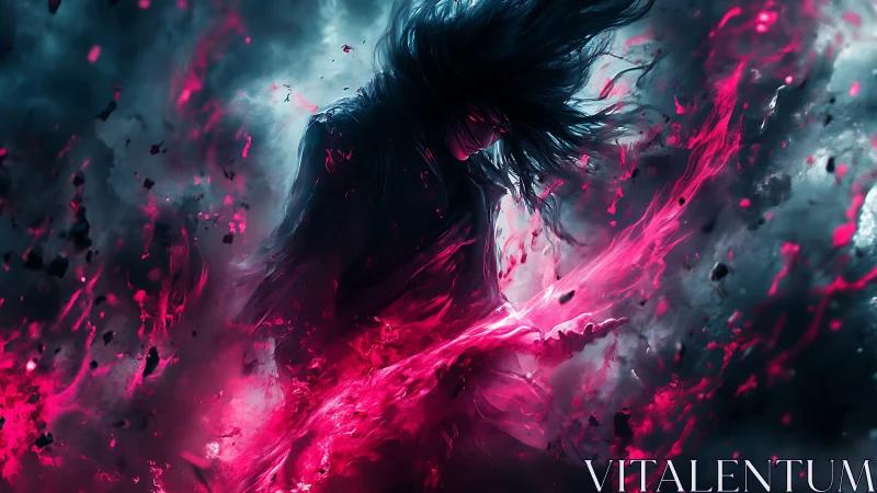 Dark warrior commands neon crimson storm energy.