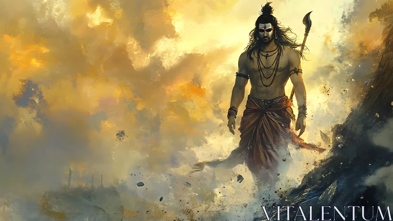 Mythic warrior strides through stormlit divine clouds.