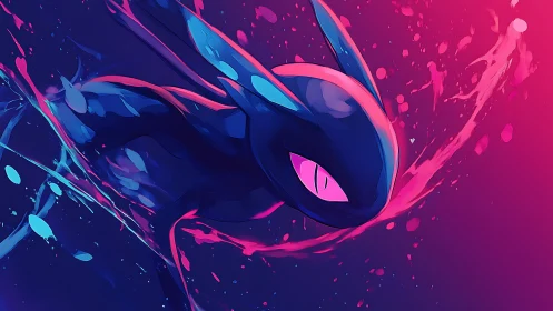 Neon creature gliding through dark pink and blue space.