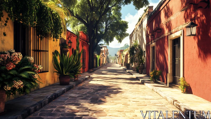 Sunlit cobblestone street with colorful houses and plants.
