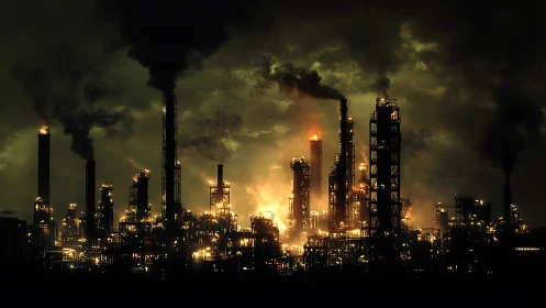 Industrial refinery skyline under toxic storm glow.