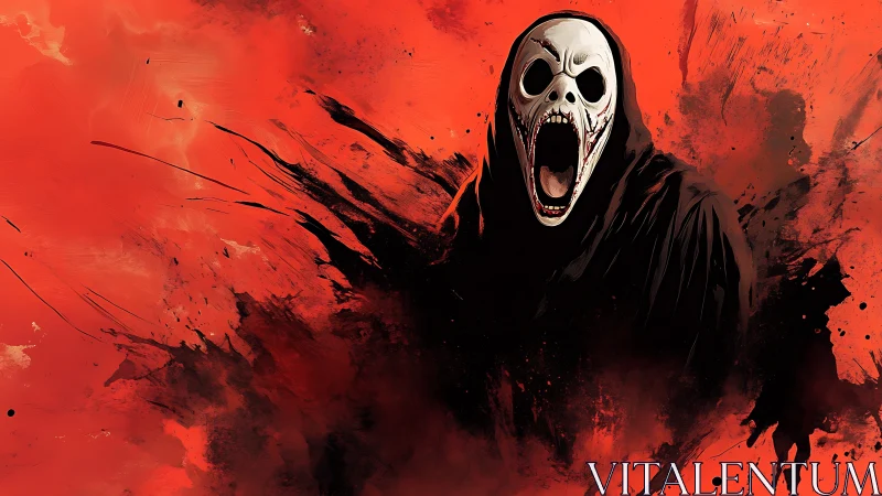 Screaming skull mask reaper in red-black abstract splatter field