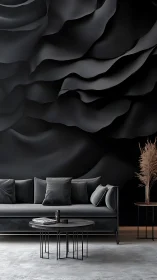 Parametric black wall relief behind monochrome velvet sofa.